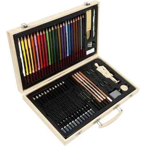 Sketch and Drawing Set Wooden Case Coloured Drawing Pencils Wood Mannequin Doll - Picture 1 of 7