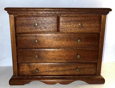 Vintage Miniature Federal 5 Drawer Wood Chest-of-Drawers Mahogany Cover