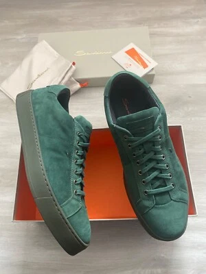 $695 Nuevo Auténtico Santoni Verde Oscuro Gamuza Lujo Hombres Tenis Talla UK 11 US 12 Foto 1 de 4