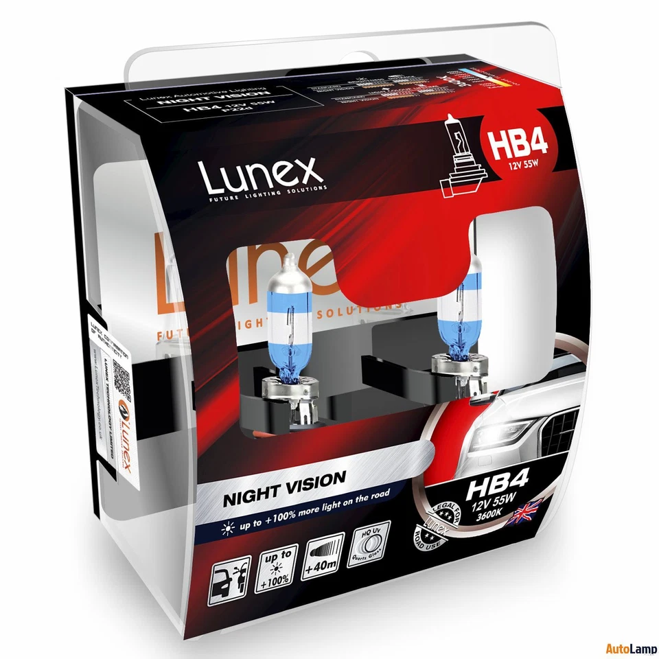 HB4 9006 Lunex NIGHT VISION 3600K 12V 55W Halogen Headlamps P22d Hard Case - Image 1 of 1