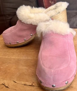 UGG Australia Genuine Suede Leather Sheep Skin Fur Wood Heel Clogs Womens 5 Pink - Picture 1 of 10
