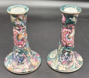 2 Vtg Hand Painted Asian Candlesticks ~ 5" Tall ~ Stunning Color Floral Artwork - Picture 1 of 12