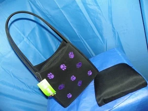 BLACK SATCHEL BAG WITH PURPLE DOG PAWS WITH ACCESSORY POUCH NEW WITH TAGS - Picture 1 of 12