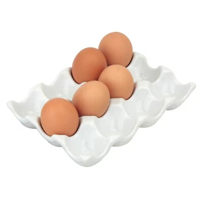 Eggs Holder Tray White Ceramic Dozen Eggs Crate Storage Case Organiser Container - Image 1 of 3