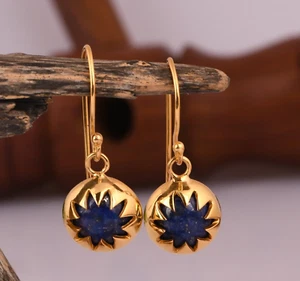 Pendientes de flores colgantes enchapados en oro amarillo de latón elegantes pendientes de piedras preciosas de lapislázuli - Imagen 1 de 6