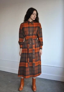 Rita Row Checkered Flannel Button Midi Dress Size Medium Belted Orange Z23 - Picture 1 of 10