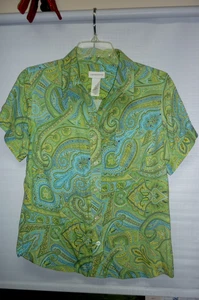 LIZ CLAIBORNE VINTAGE RETRO PSYCHEDELIC HIPPIE BLOUSE SHIRT MED.  SILK GREEN - Picture 1 of 6