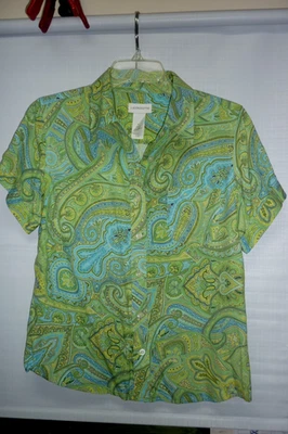 LIZ CLAIBORNE VINTAGE RETRO PSYCHEDELIC HIPPIE BLOUSE SHIRT MED.  SILK GREEN - Image 1 of 4
