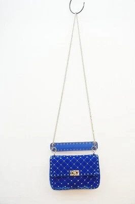 VALENTINO GARAVANI Rockstud Spike Chain Shoulder Bag Blue Velvet w/Dustbag Good - Image 1 of 4