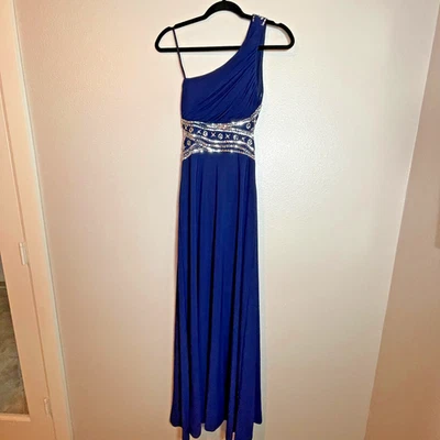 Hailey Logan Adrianna Papell  Sz 5/6 Navy Blue One Shoulder Sequin Gown Prom Y2K - Image 1 of 4