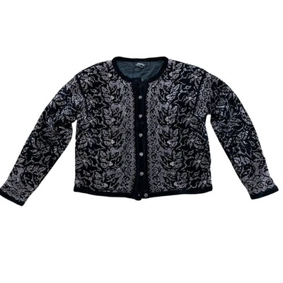 Cárdigan de terciopelo floral vintage de diseño islandés para mujer M botones rosas negro gris Foto 1 de 4