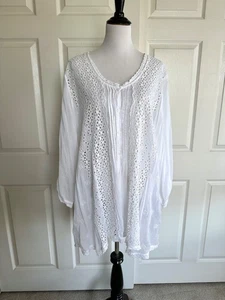 Johnny Was 3X Button Front Swing Blouse White Rayon w/ Tonal Eyelet Embroidery - Picture 1 of 15
