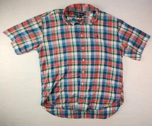 VTG Polo Ralph Lauren Linen Button Up Shirt Mens Large Plaid Short Sleeve - Picture 1 of 5