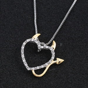 DEVIL LOVE HEART CRYSTAL PENDANT NECKLACE WITH HORNS SILVER & GOLD