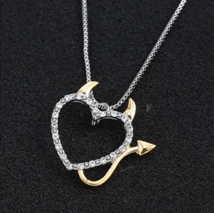 DEVIL LOVE HEART CRYSTAL PENDANT NECKLACE WITH HORNS SILVER & GOLD - Picture 1 of 6