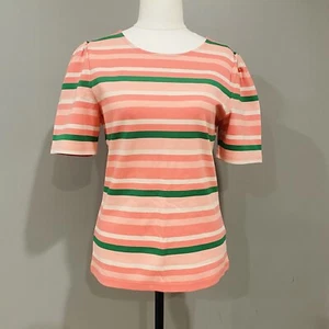 REVIEW Tarah Striped Top T Shirt Size 10 Short Sleeve Stretchy Pink Green - Picture 1 of 6