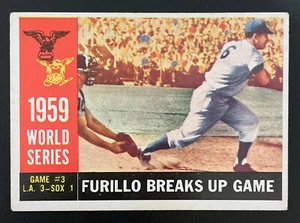 1960 Topps #387 - 1959 SERIE MUNDIAL GM #3 • FURILLO ROMPE JUEGO - LA Dodgers - Imagen 1 de 2