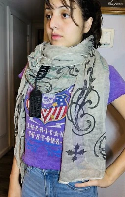 Affliction Live Fast Unisex GIANT Gauze Wrap Scarf 72x60 Beige Multicolor NWT - Image 1 of 4