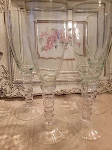 Ball Stem Champagne Flute Hand Blown Green Paneled Bowl 8 3/4" Set of 4 - Picture 1 of 6