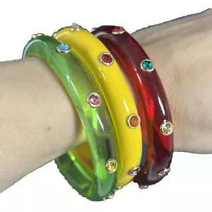 Lucite Bangle Bracelet Set Multicolor Rhinestones Translucent Spacer Red Yellow - Picture 1 of 7