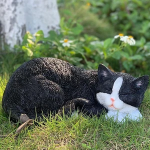 Sleeping Cat Statue Garden Decor, Outdoor Cat Sculpture & Figurine Lawn Ornament - Picture 1 of 16