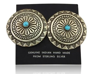 Navajo Earrings 925 Silver Concho Hand Stamped Turquoise Native Artist C.80's - Picture 1 of 6