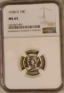 VINTAGE 1938-D MERCURY DIME NGC MS-65 GRADED A REAL RARE & BEAUTY - Bild 1 von 2