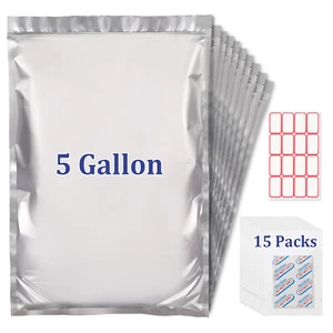 (15 Pack) Five Gallon Mylar Bags +Individually Sealed 2500cc Oxygen Absorbers  - Picture 1 of 8