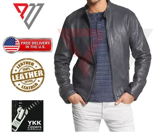 Herren Echt Lammleder Weich Grau Leder Klassisch Slim Fit Motorrad Biker Jacken - Bild 1 von 3