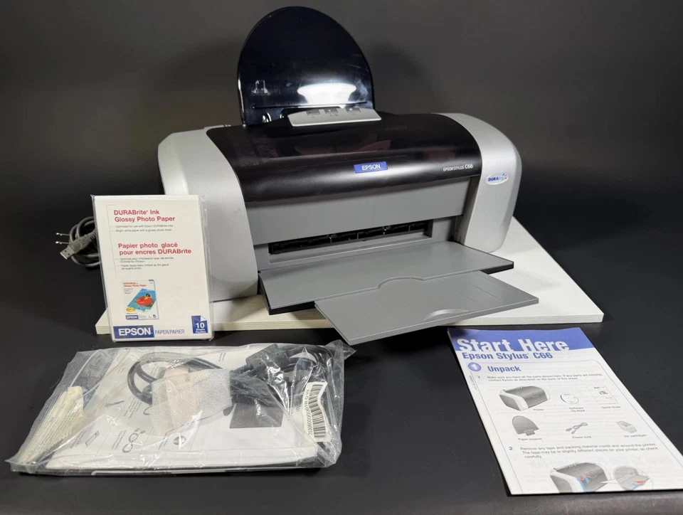 Epson Stylus C66 B241B Color Printer 5760 x 1440 17 ppm - Photo Paper & Manuals - Image 1 of 4