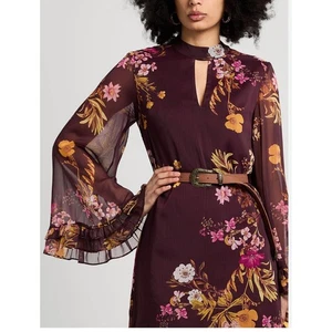Mini Vestido Guess Manga Campana Floral Día Cinturón Talla XS Granate Nuevo sin Etiquetas - Imagen 1 de 18