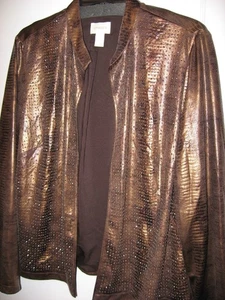 Chicos,Bronze Open Front Cardigan Jacket,Embellished Reptile Fabric,2, Large - Picture 1 of 7