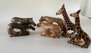 Vintage Set of 6 Hand Carved Wooden African Safari Animal Napkin Ring Holders - Picture 1 of 9