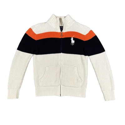 Polo Ralph Lauren Sweater Boys Medium 10-12 White Full Zip Big Pony Knit Jacket - Image 1 of 4