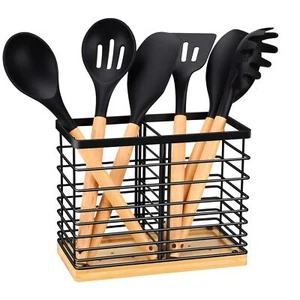Matte Black Kitchen Utensil Organizer Wooden Base 2 Compartments - Picture 1 of 6