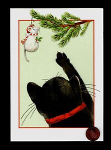 CHRISTMAS Black Cat Kitten Mouse Branch Ornament Scarf - Greeting Card 