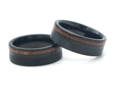8mm Men's Black Tungsten Carbide Brushed Hawaiian Koa Wood Wedding Band Ring - Image 1 of 2