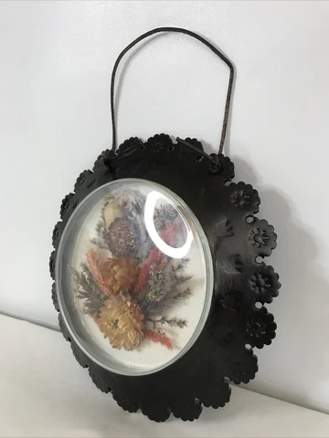 Vintage Antique Stamped Leather Dried Flower Glass Wall Hang Decor Unique Cover