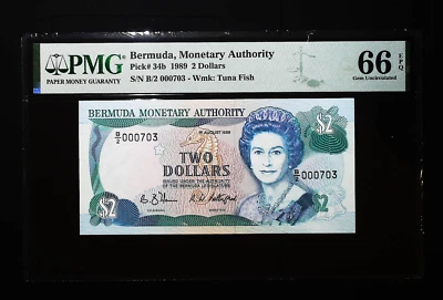 [LOW S/N] BERMUDA 2 DOLLARS 1989 P34 PMG 66 GEM UNC EPQ QEII xxx703 PREFIX B/2 - Image 1 of 2
