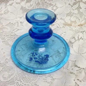 Vintage, Blue Willow, Clear Blue Glass Candle Stand 4in H x 5in D - Picture 1 of 6