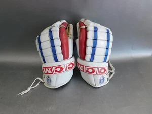 VINTAGE,BLUE RED WHITE,CCM M-HG135S PROGUARD HOCKEY GLOVES,VG,SOLID LEATHER - Picture 1 of 11