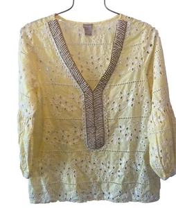 Chicos 2 L NWOT Eyelet Embroidered Beaded V Neck Blouse Yellow Peasant Top 🧡 - Picture 1 of 9