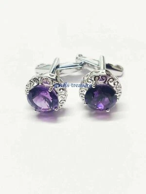 Abotoaduras masculinas de prata esterlina 925 com pedra preciosa de ametista natural #555 - Imagem 1 de 3