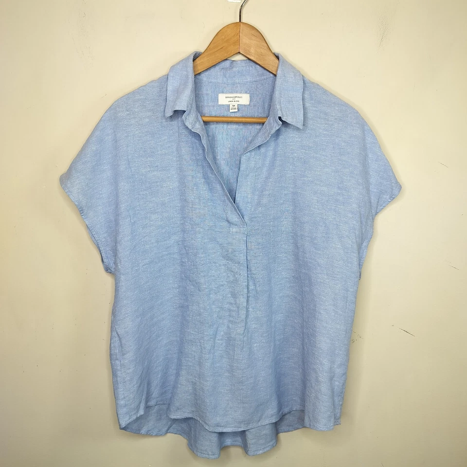 Camisa Banana Republic Mezcla de Lino Mediana Manga Corta Cuadrada Coastal Lagenlook Foto 1 de 4