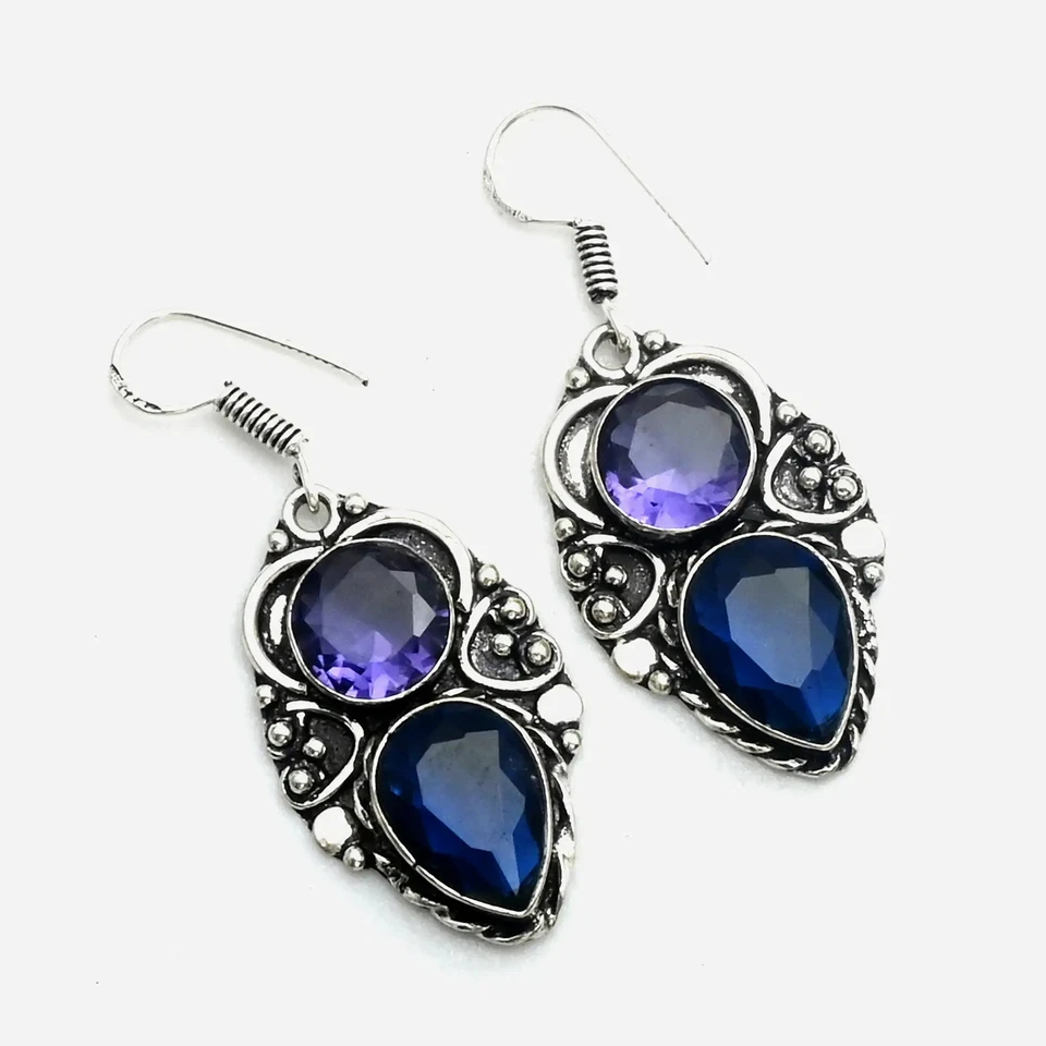Brincos pendurados de gota feitos à mão com pedra preciosa de ametista tanzanita 1,8" AE-11215 - Imagem 1 de 1