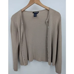 Vintage 100% Silk Harold's Khaki Cardigan Women's Size Small S Beige Tan Brown - Picture 1 of 5