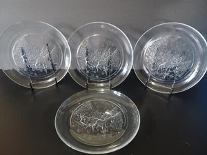 Set of 4 Arcoroc France Sleigh Ride Through the Woods Clear Glass Plates 7 5/8”  - Picture 1 of 5