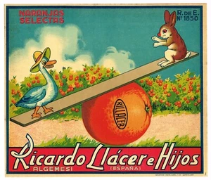 ETIQUETA CAJA NARANJA ORIGINAL VINTAGE ESPAÑOLA AÑOS 30 ESPAÑA PATO CONEJITO CARRO FANTASÍA - Imagen 1 de 1