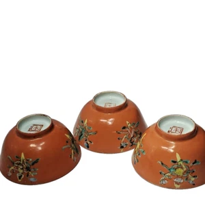 Antique Chinese Coral-Ground Porcelain Tea Cups 1800-1850 Rare Bone China - Picture 1 of 21