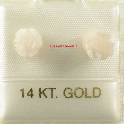 14k White Solid Gold Hand Carved Rose Genuine Peach Coral Stud Earrings - Image 1 of 4